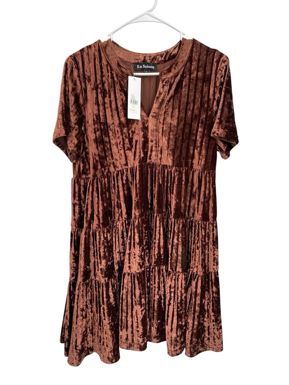 NWT En Saison Maya Babydoll Dress Brown Crushed Velvet Size Small